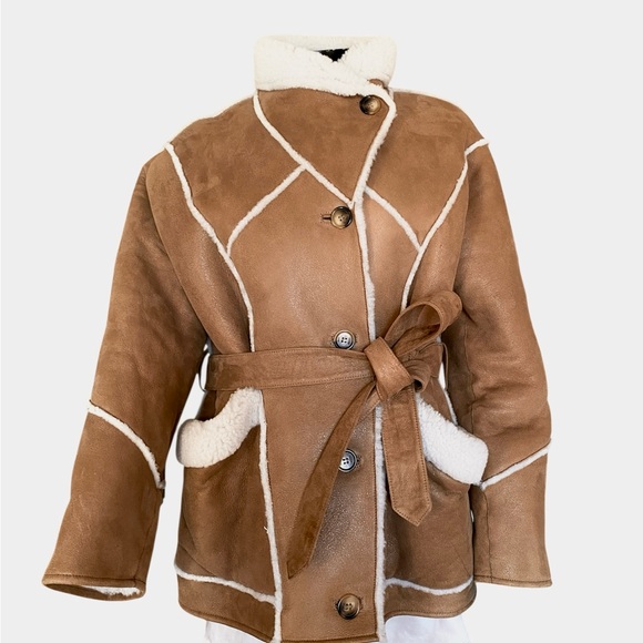 NWT Maje Tan and Cream Lamb Shearling Jacket- Gabelo jacket in Camel size 38 - Picture 4 of 16